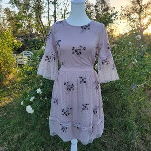 Polagram Blush Mauve Floral Embroidered Cottagecore Dress Small